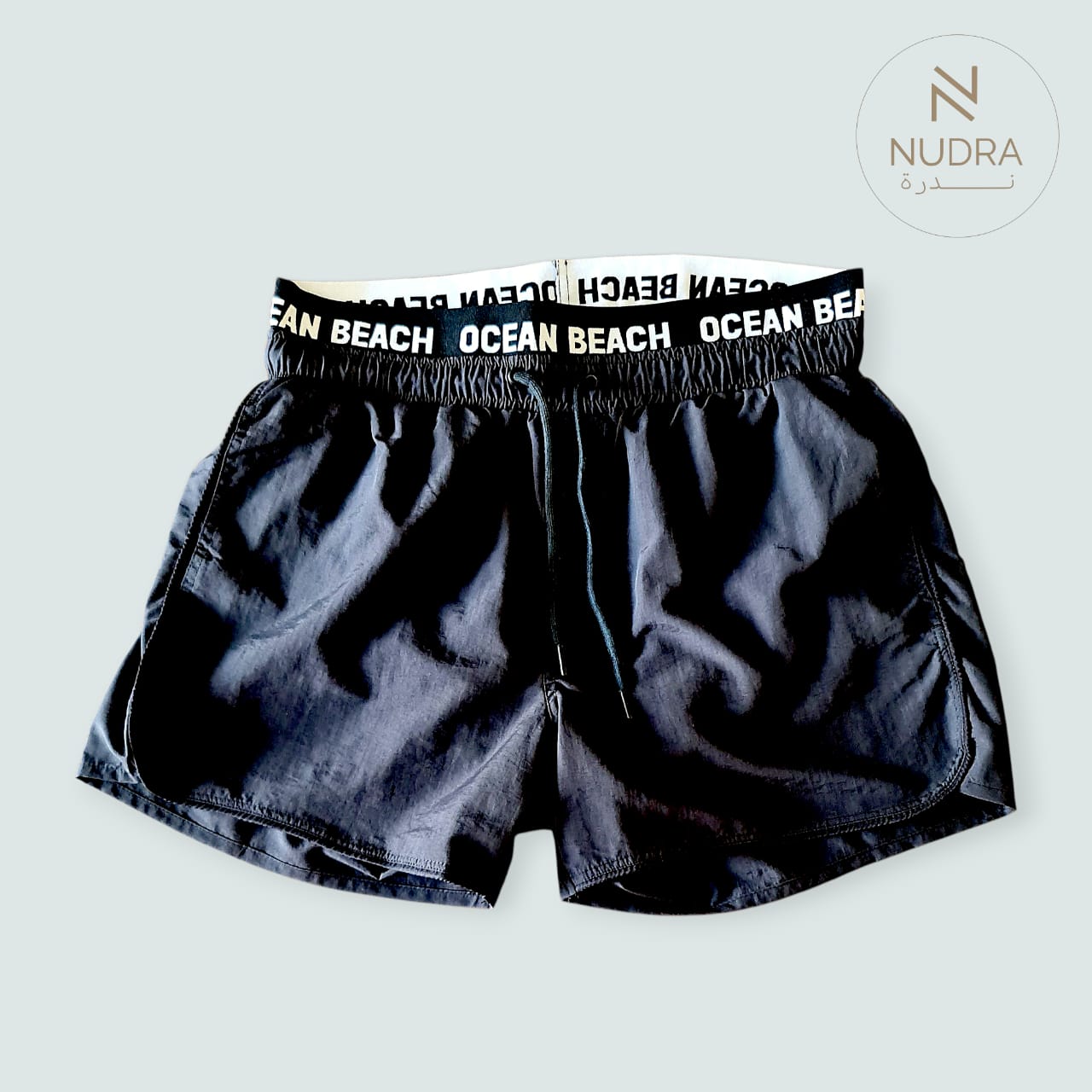 Men's Black Swim Shorts with "OCEAN BEACH" Waistband