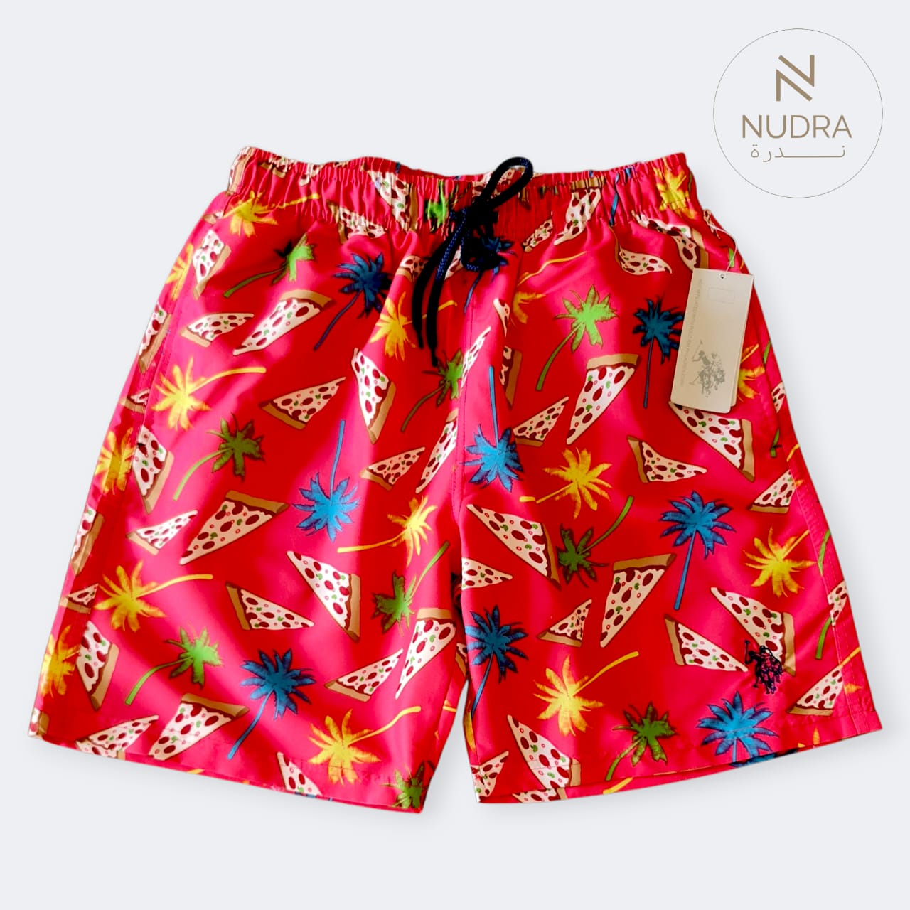 Red Tropical Pizza Print Swim Shorts