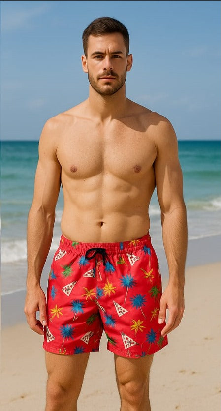 Red Tropical Pizza Print Swim Shorts