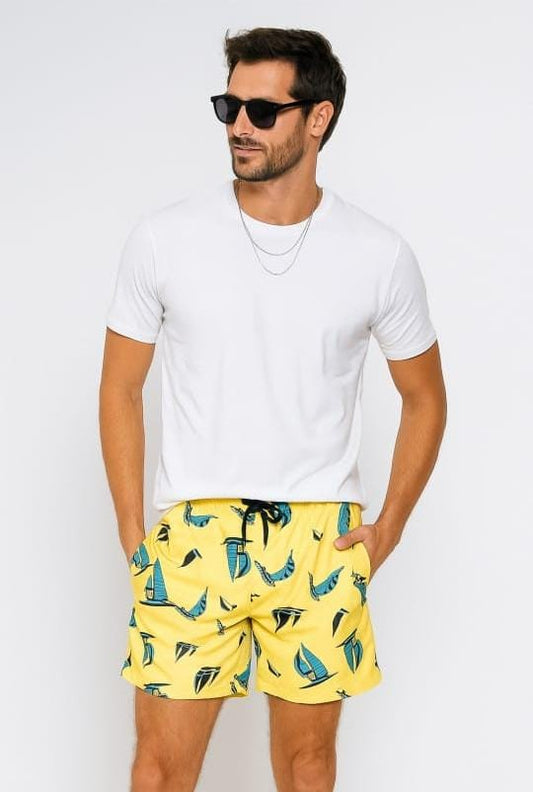 Yellow Sailboat Print Men's Swim Shorts