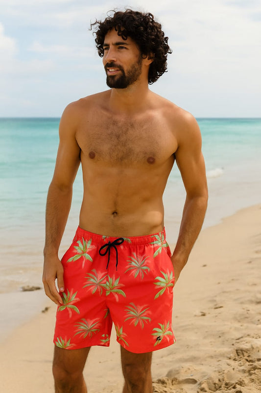 Red Palm Print Men's Beach Shorts