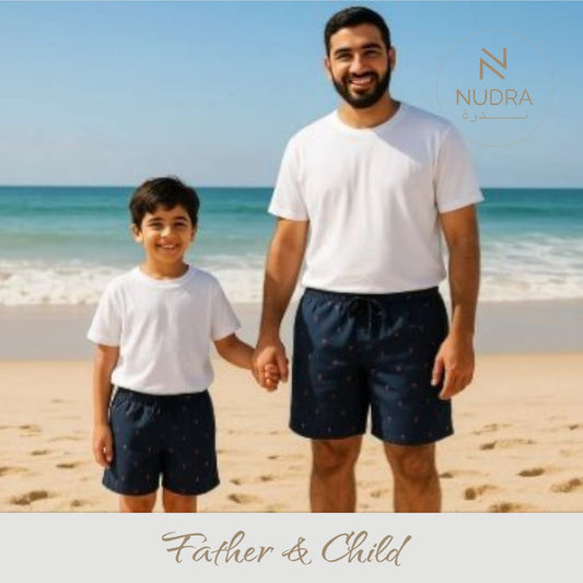 Men's & Boys' Navy Patterned Swim Shorts Set