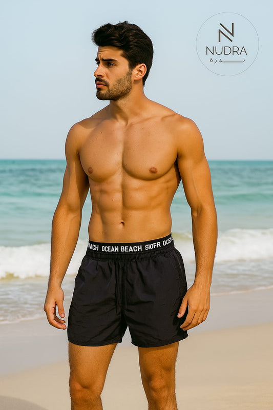 Men's Black Swim Shorts with "OCEAN BEACH" Waistband